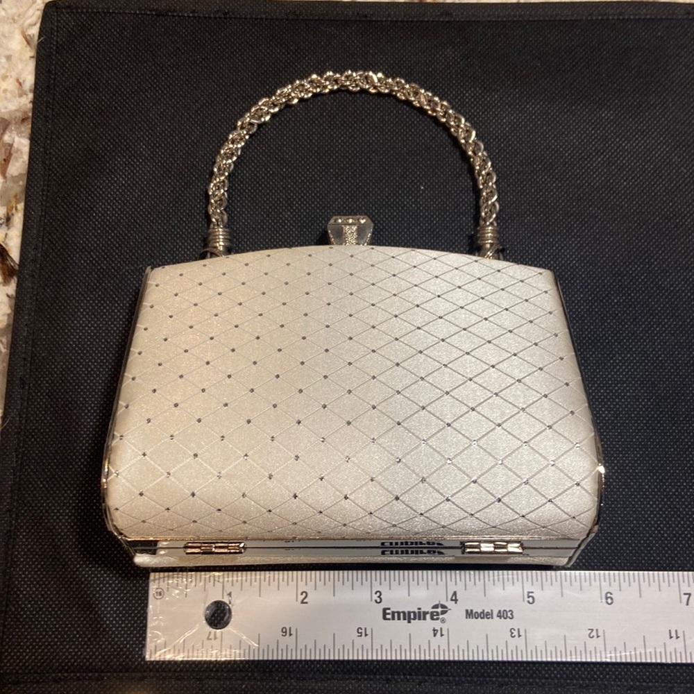 Vintage Glam Evening Bag Ivory Rhinestone Clutch Top Handle Bridal Prom - Picture 3 of 12